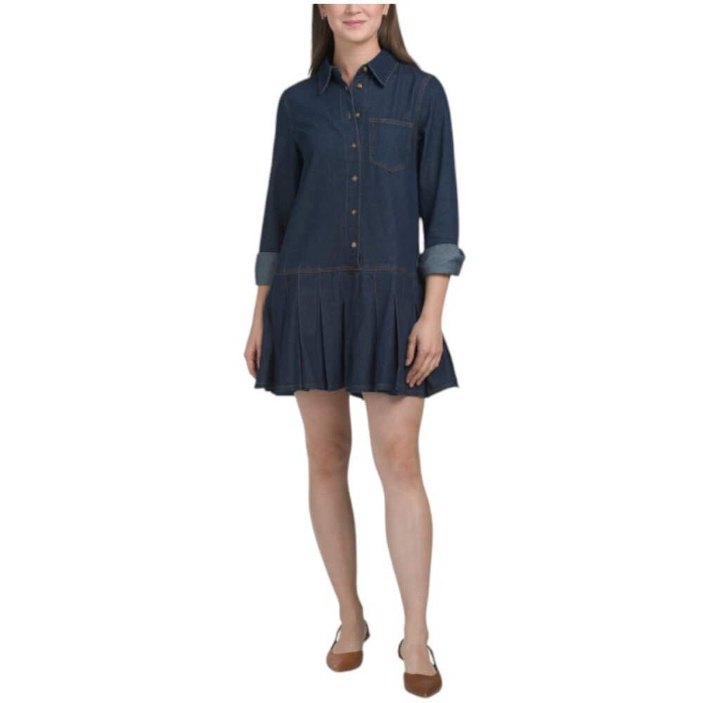 IN FEBRUARY Cool Edge Pleated Denim Mini Dress With Stitch Detail